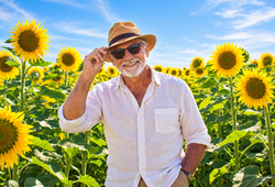 Tour thumb smiling elderly man in sunflower field